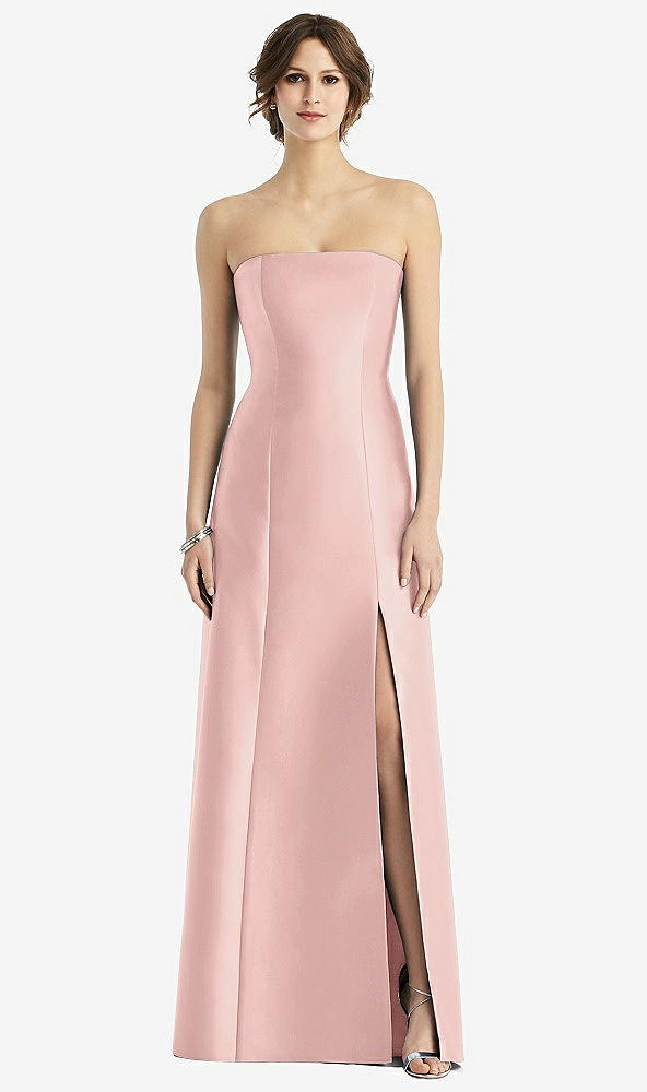 Front View - Rose Quartz Strapless Satin Trumpet Gown with Front Slit