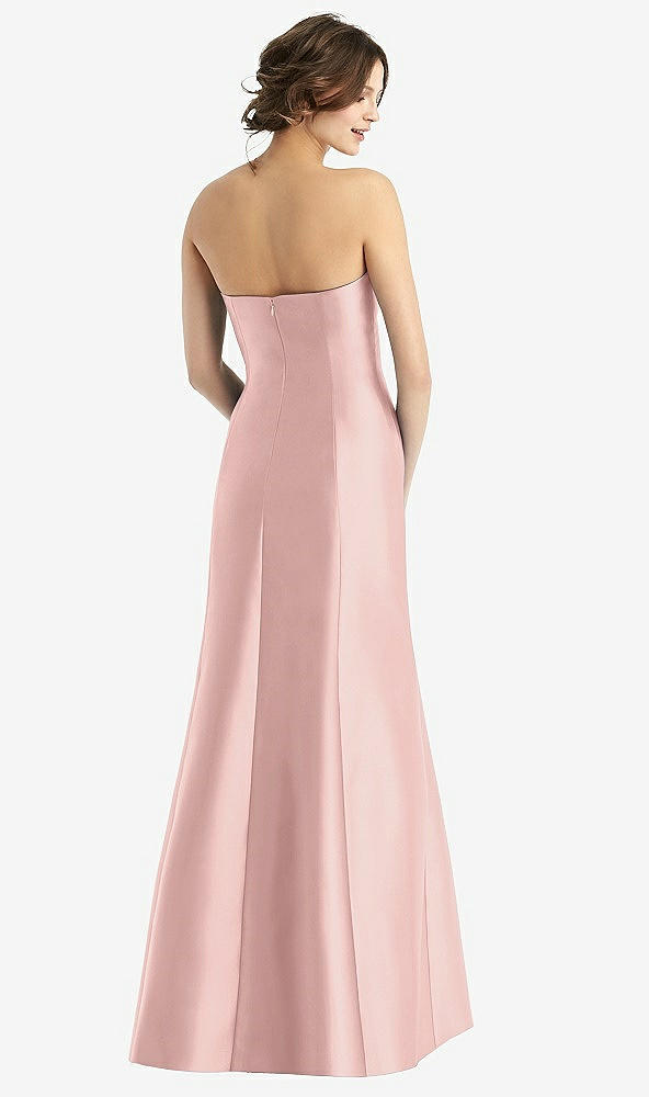 Back View - Rose Quartz Strapless Satin Trumpet Gown with Front Slit