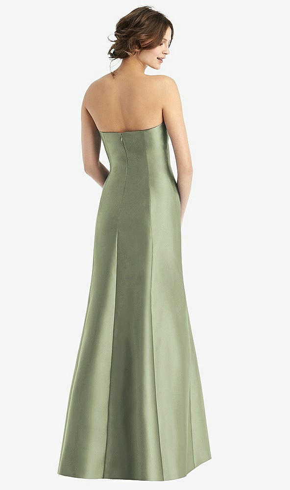 Back View - Sage Strapless Satin Trumpet Gown with Front Slit