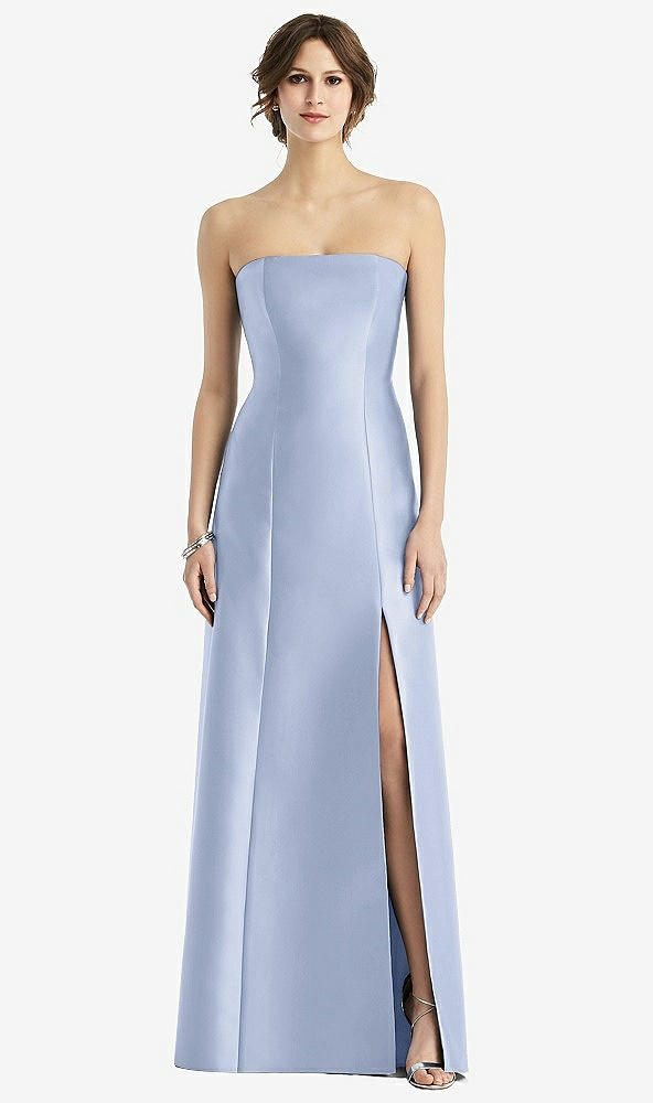 Front View - Sky Blue Strapless Satin Trumpet Gown with Front Slit