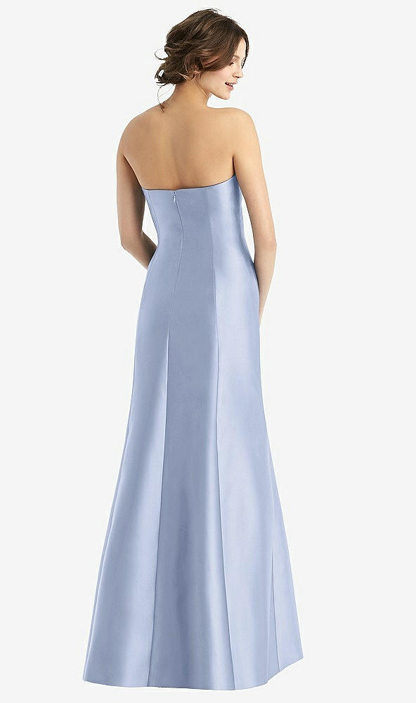 Back View - Sky Blue Strapless Satin Trumpet Gown with Front Slit