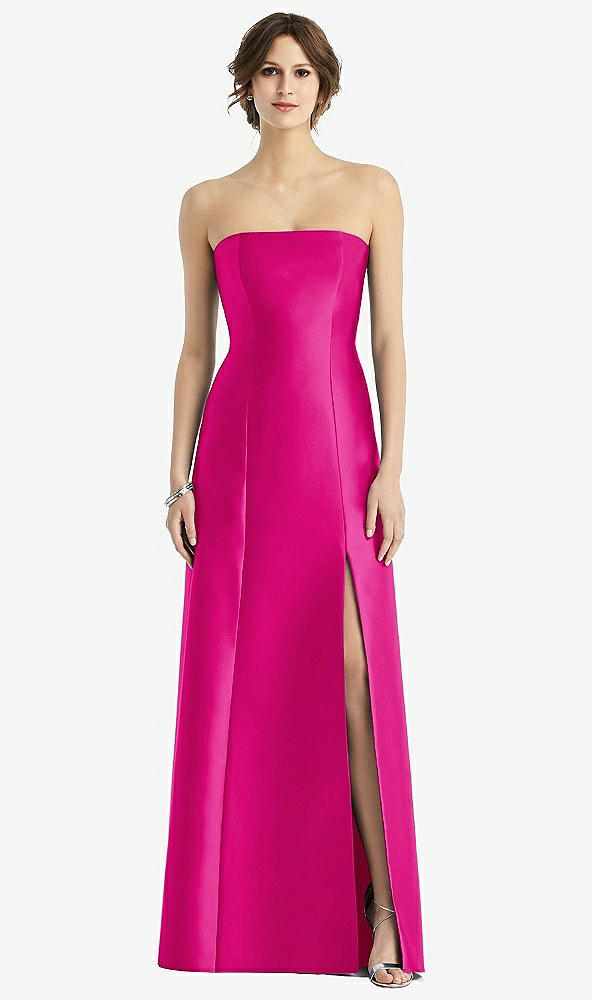 Front View - Think Pink Strapless Satin Trumpet Gown with Front Slit