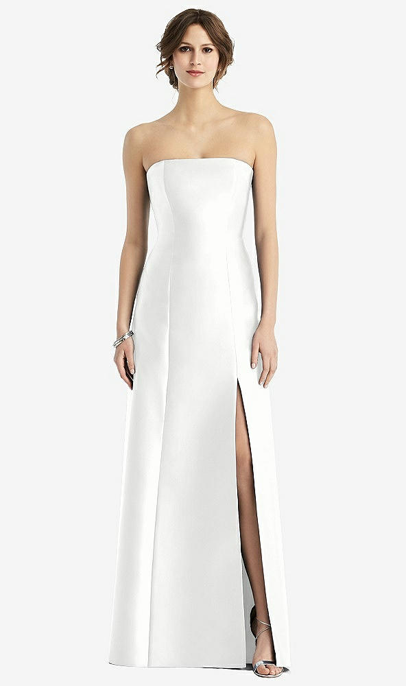 Front View - White Strapless Satin Trumpet Gown with Front Slit