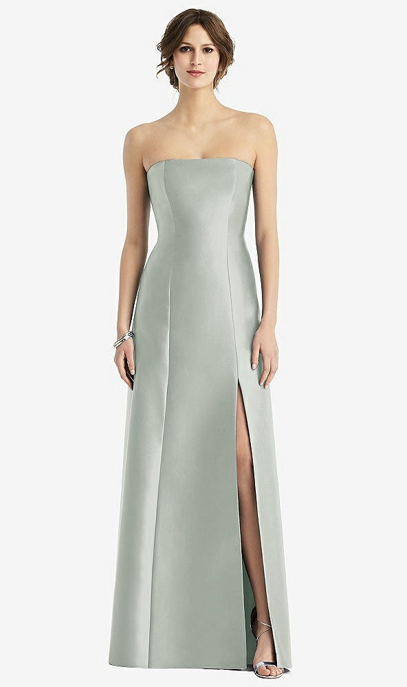 Front View - Willow Green Strapless Satin Trumpet Gown with Front Slit