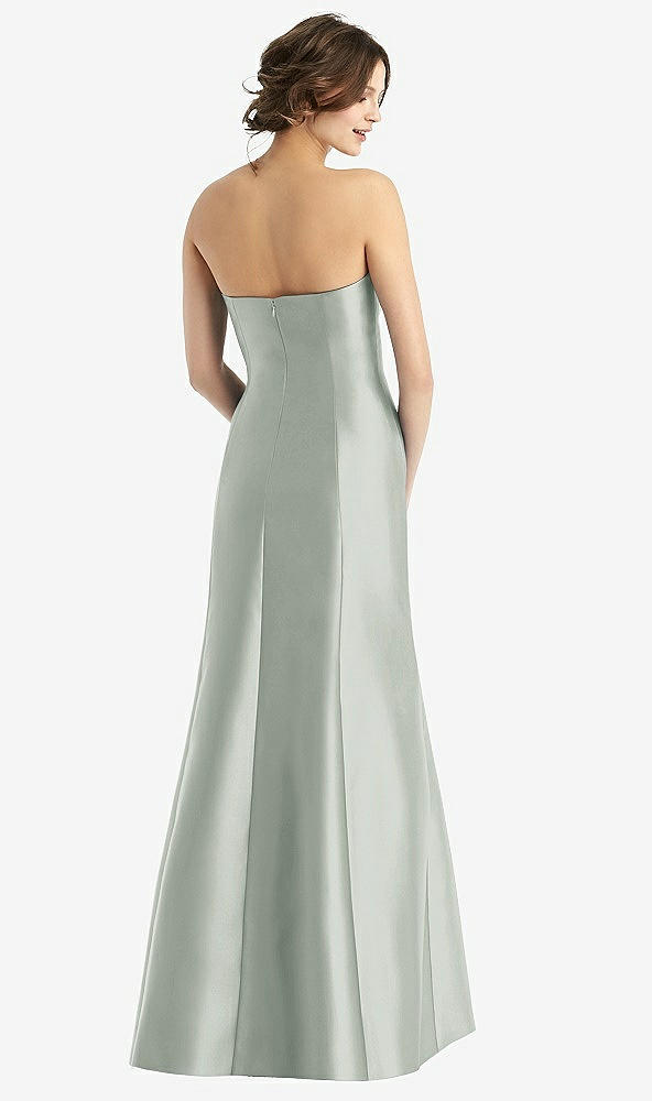 Back View - Willow Green Strapless Satin Trumpet Gown with Front Slit