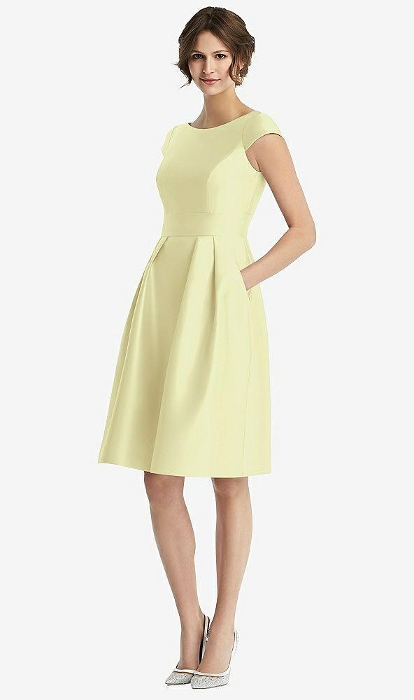 Front View - Butter Yellow Cap Sleeve Pleated Cocktail Dress with Pockets