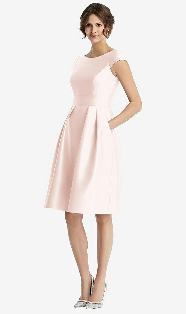 Front View - Blush Cap Sleeve Pleated Cocktail Dress with Pockets