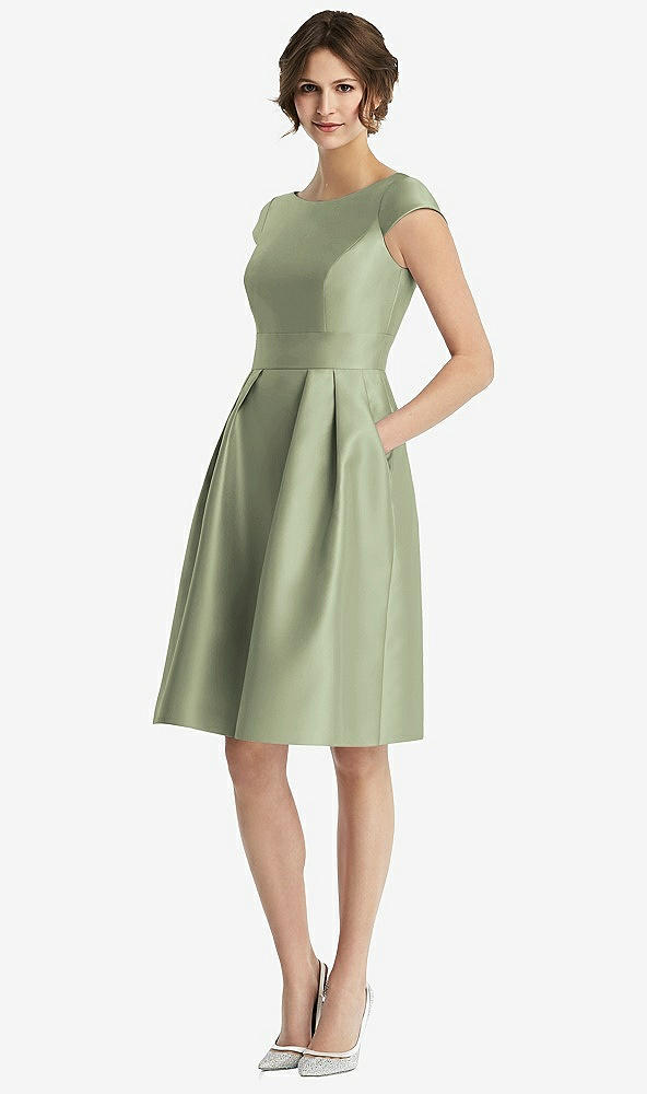 Front View - Sage Cap Sleeve Pleated Cocktail Dress with Pockets