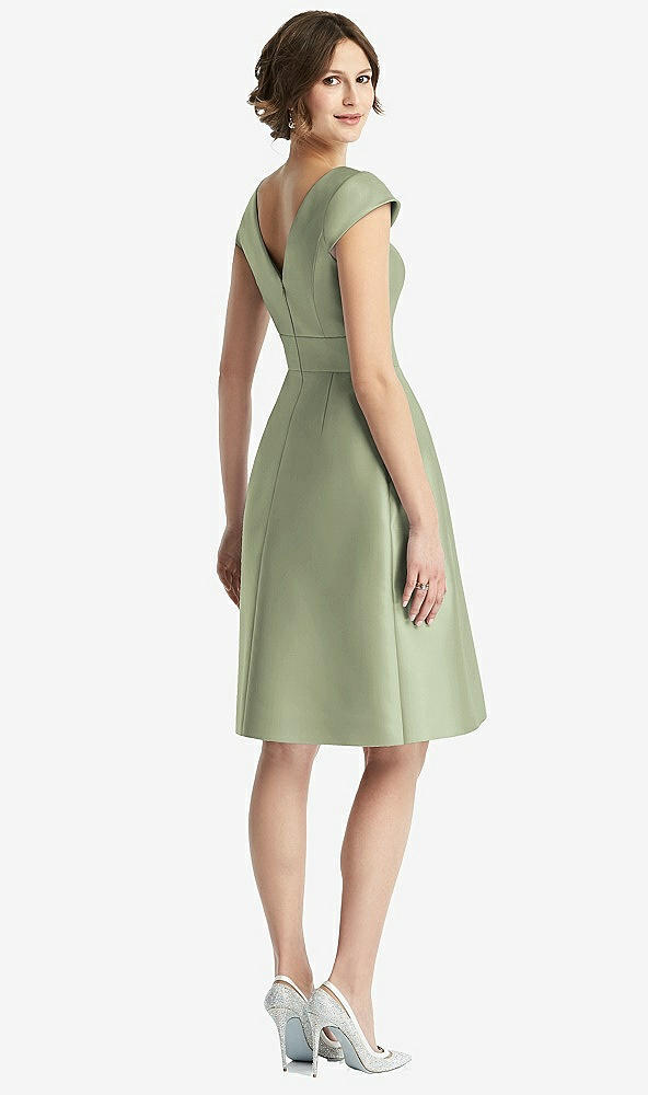 Back View - Sage Cap Sleeve Pleated Cocktail Dress with Pockets