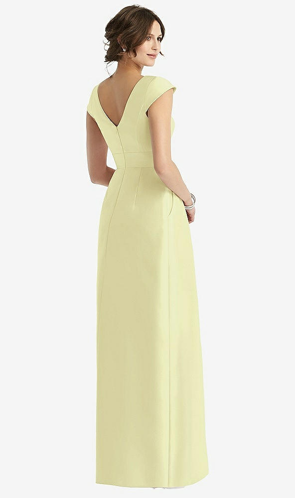 Back View - Butter Yellow Cap Sleeve Pleated Skirt Dress with Pockets