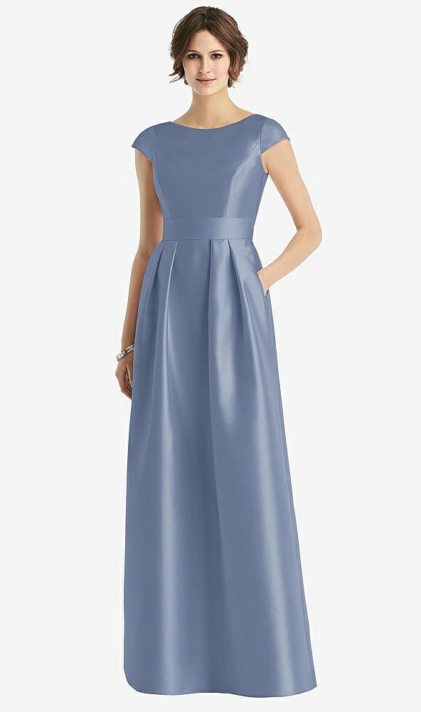 Front View - Larkspur Blue Cap Sleeve Pleated Skirt Dress with Pockets