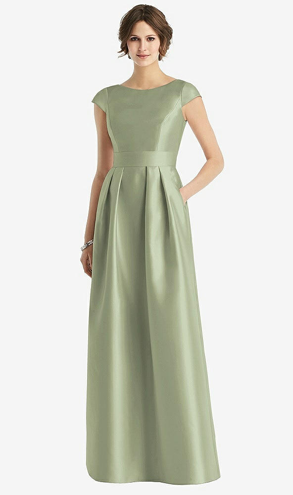 Front View - Sage Cap Sleeve Pleated Skirt Dress with Pockets