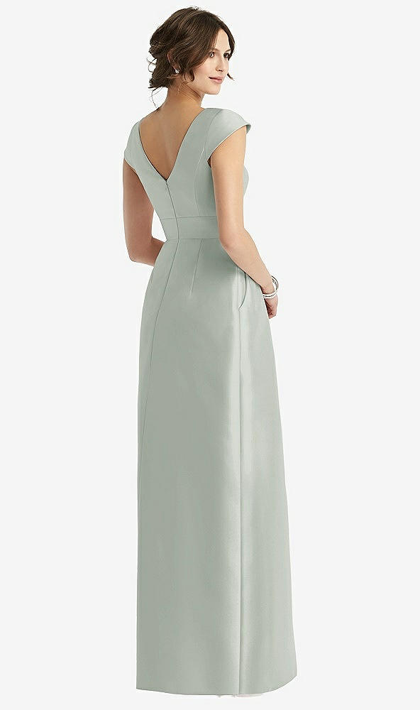 Back View - Willow Green Cap Sleeve Pleated Skirt Dress with Pockets