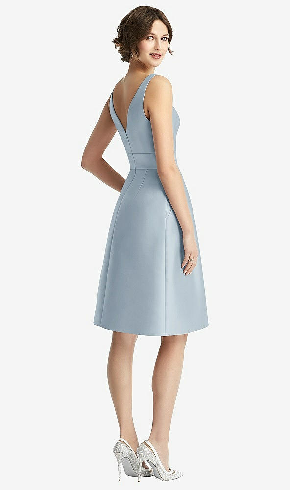 Back View - Mist V-Neck Pleated Skirt Cocktail Dress with Pockets