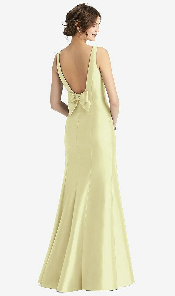 Back View - Butter Yellow Sleeveless Satin Trumpet Gown with Bow at Open-Back