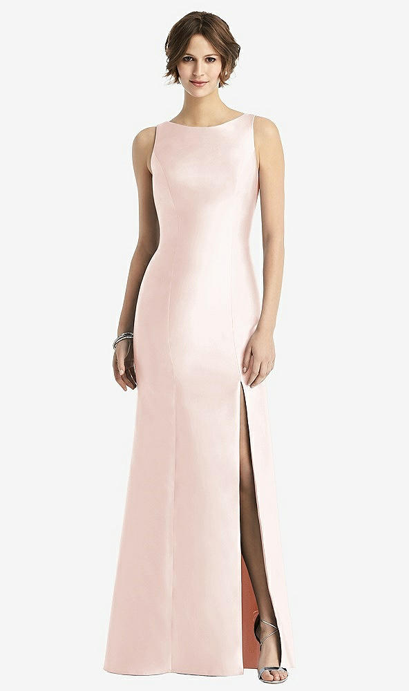 Front View - Blush Sleeveless Satin Trumpet Gown with Bow at Open-Back