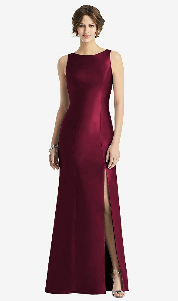 Front View - Cabernet Sleeveless Satin Trumpet Gown with Bow at Open-Back