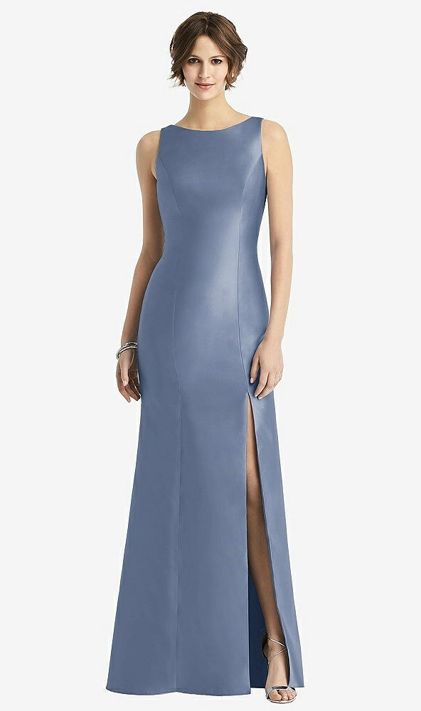 Front View - Larkspur Blue Sleeveless Satin Trumpet Gown with Bow at Open-Back