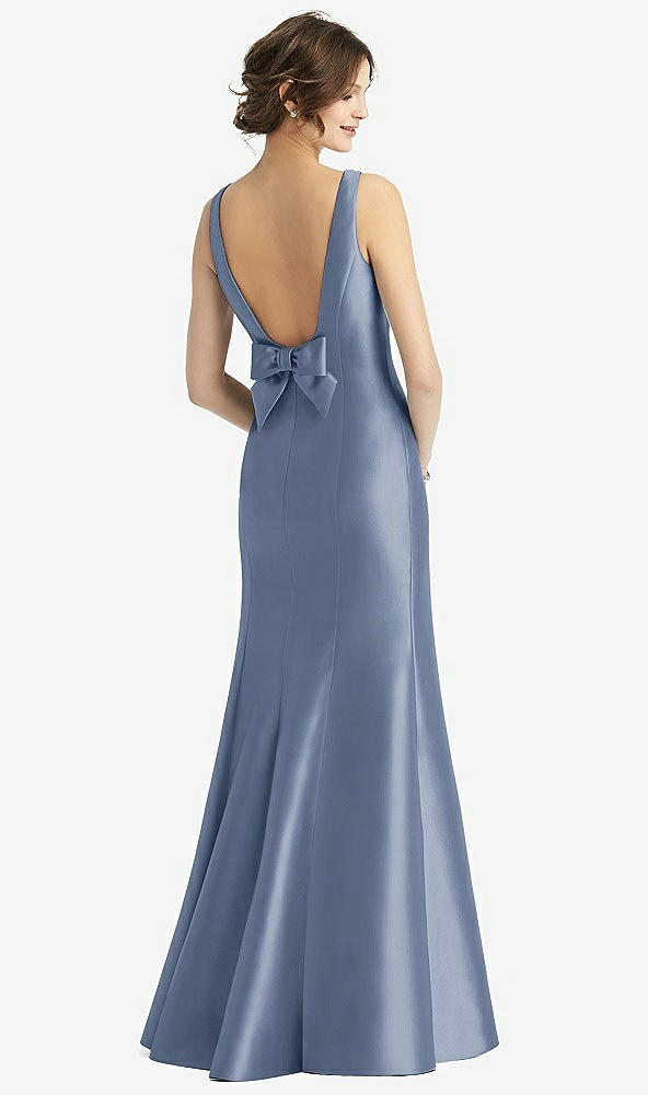 Back View - Larkspur Blue Sleeveless Satin Trumpet Gown with Bow at Open-Back