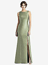 Front View Thumbnail - Sage Sleeveless Satin Trumpet Gown with Bow at Open-Back