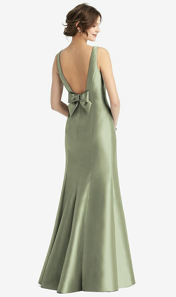 Back View - Sage Sleeveless Satin Trumpet Gown with Bow at Open-Back