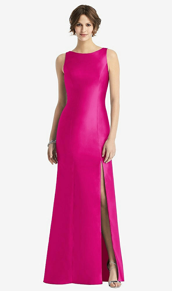 Front View - Think Pink Sleeveless Satin Trumpet Gown with Bow at Open-Back