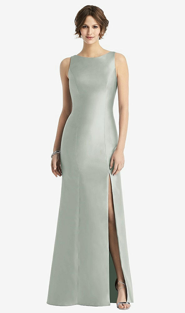 Front View - Willow Green Sleeveless Satin Trumpet Gown with Bow at Open-Back