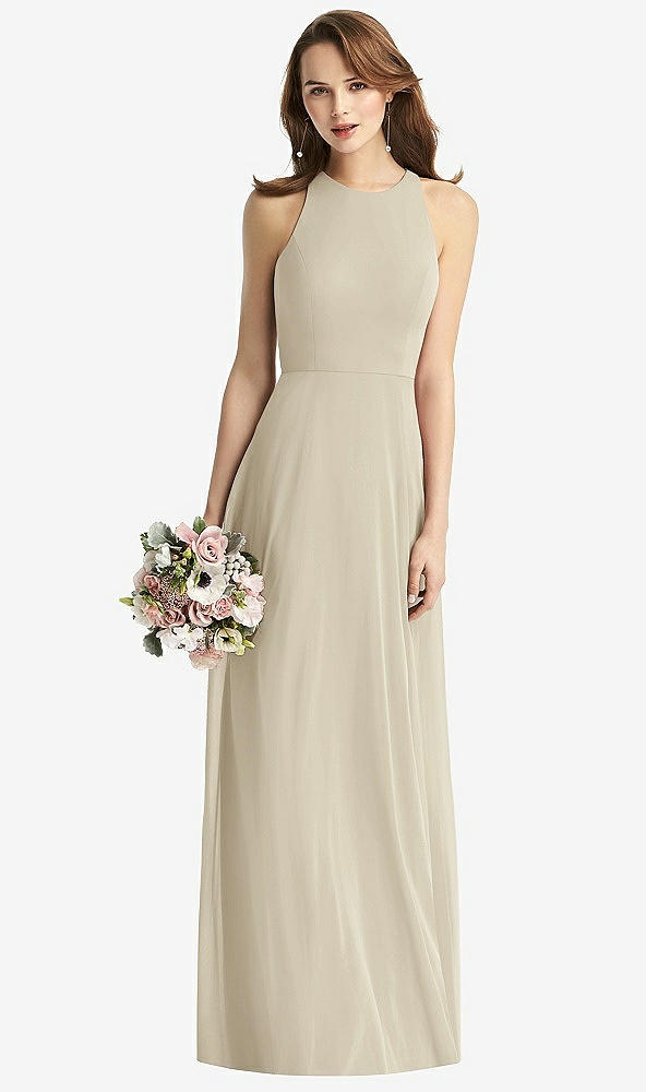 Front View - Champagne Sleeveless Halter Chiffon Maxi Dress