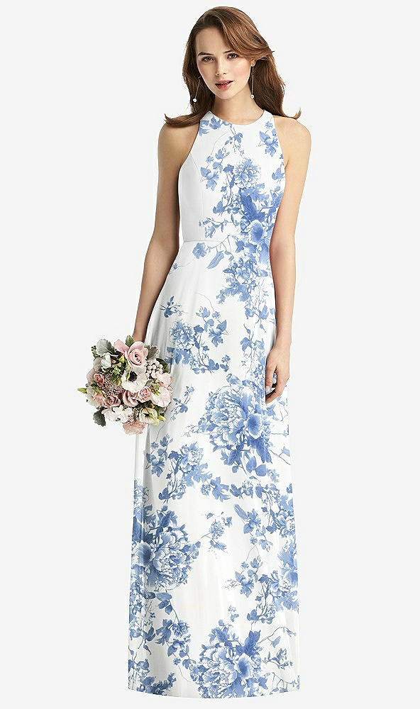 Front View - Cottage Rose Dusk Blue Sleeveless Halter Chiffon Maxi Dress