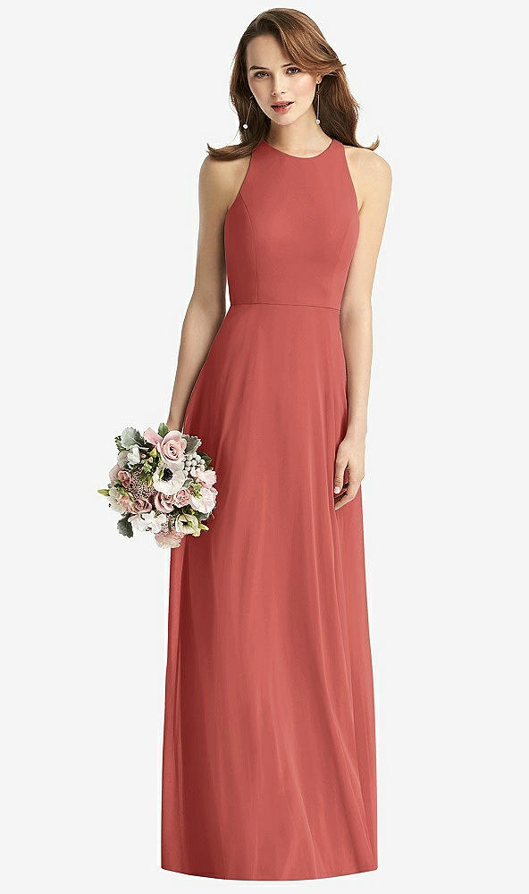 Front View - Coral Pink Sleeveless Halter Chiffon Maxi Dress