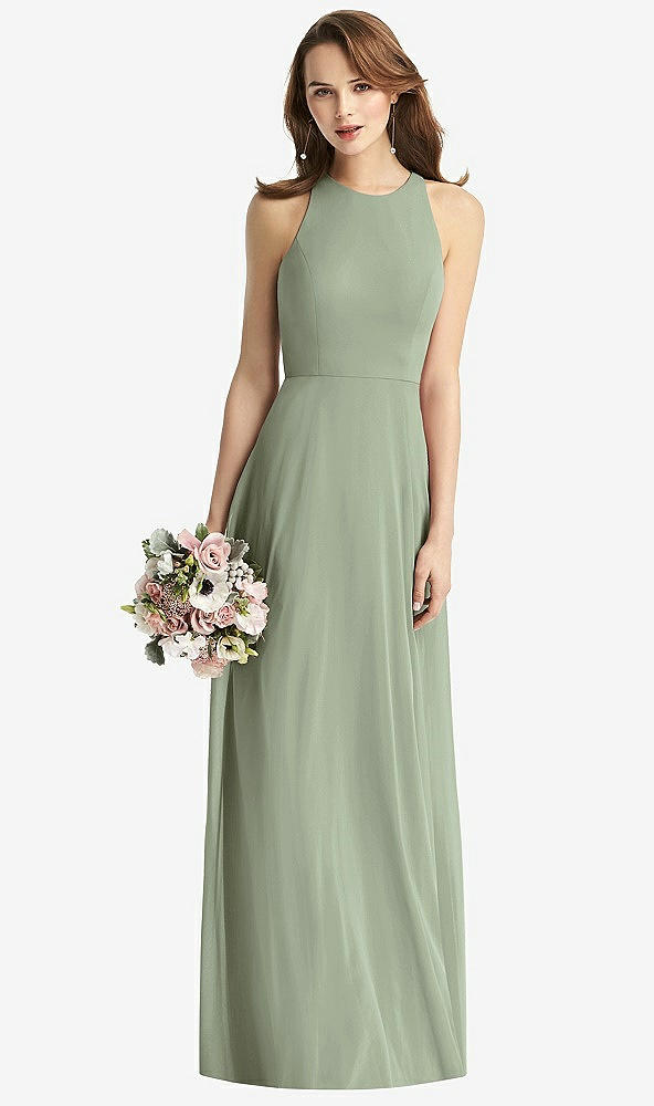 Front View - Sage Sleeveless Halter Chiffon Maxi Dress