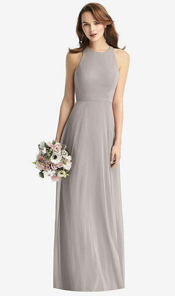 Front View - Taupe Sleeveless Halter Chiffon Maxi Dress