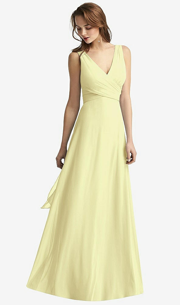 Front View - Butter Yellow Sleeveless V-Neck Chiffon Wrap Dress