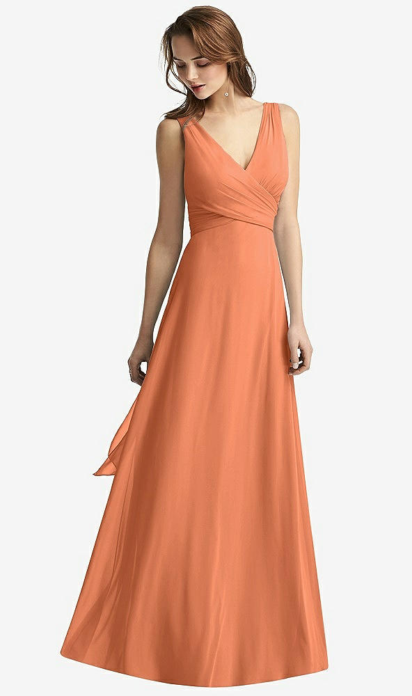 Front View - Sweet Melon Sleeveless V-Neck Chiffon Wrap Dress