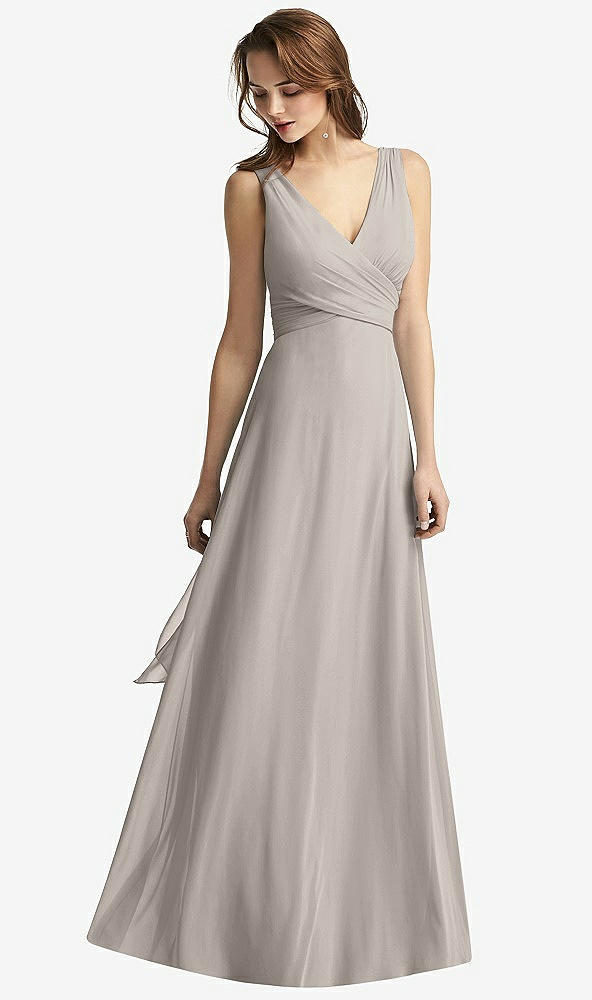 Front View - Taupe Sleeveless V-Neck Chiffon Wrap Dress