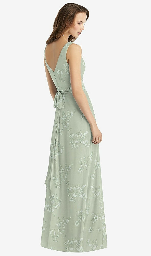 Back View - Vintage Primrose Sage Sleeveless V-Neck Chiffon Wrap Dress