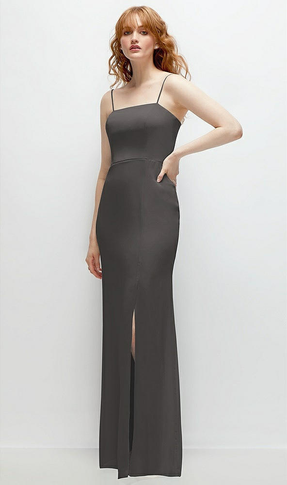 Back View - Caviar Gray Tie-Back Cutout Trumpet Gown with Front Slit