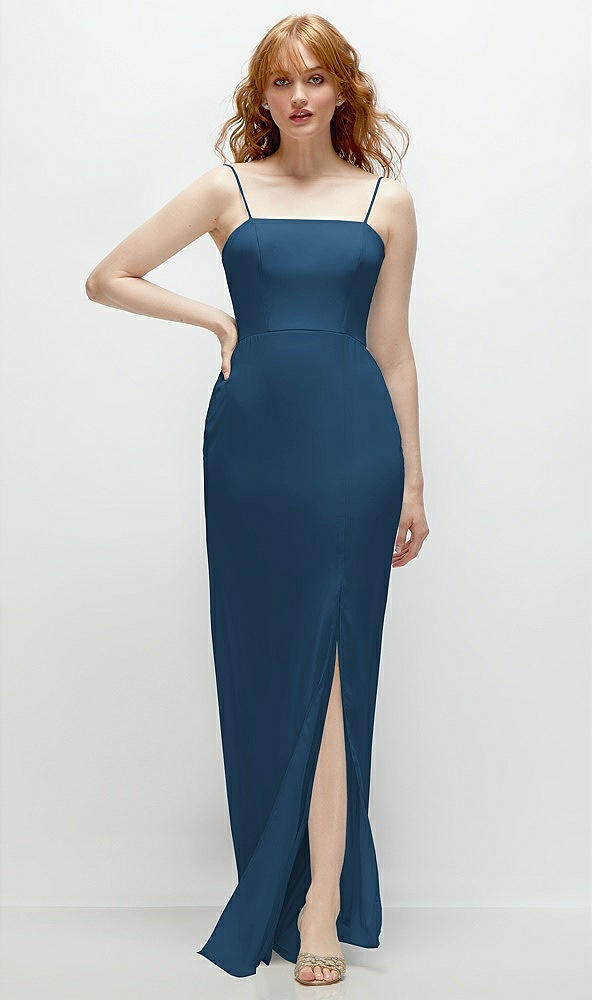 Front View - Dusk Blue Tie-Back Cutout Trumpet Gown with Front Slit