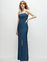 Rear View Thumbnail - Dusk Blue Tie-Back Cutout Trumpet Gown with Front Slit