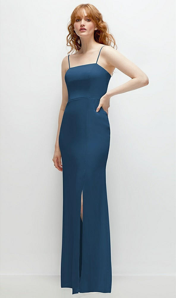 Back View - Dusk Blue Tie-Back Cutout Trumpet Gown with Front Slit