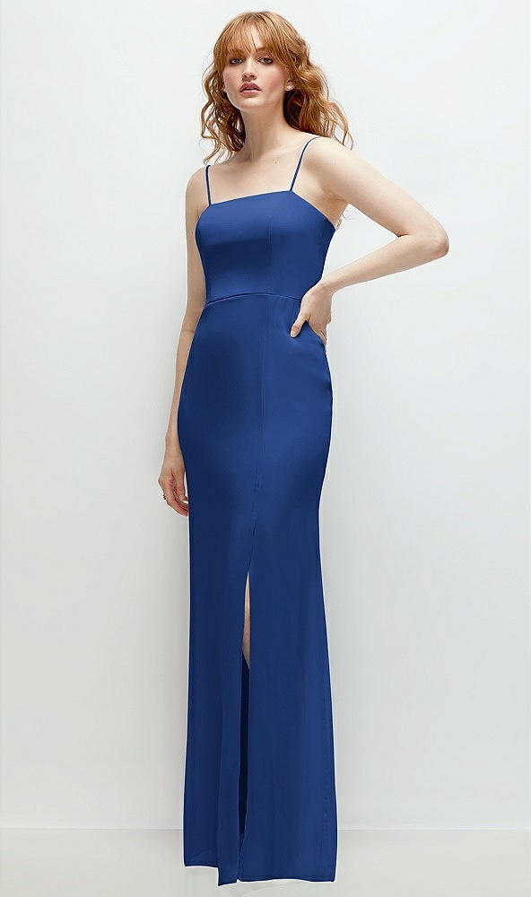 Back View - Classic Blue Tie-Back Cutout Trumpet Gown with Front Slit