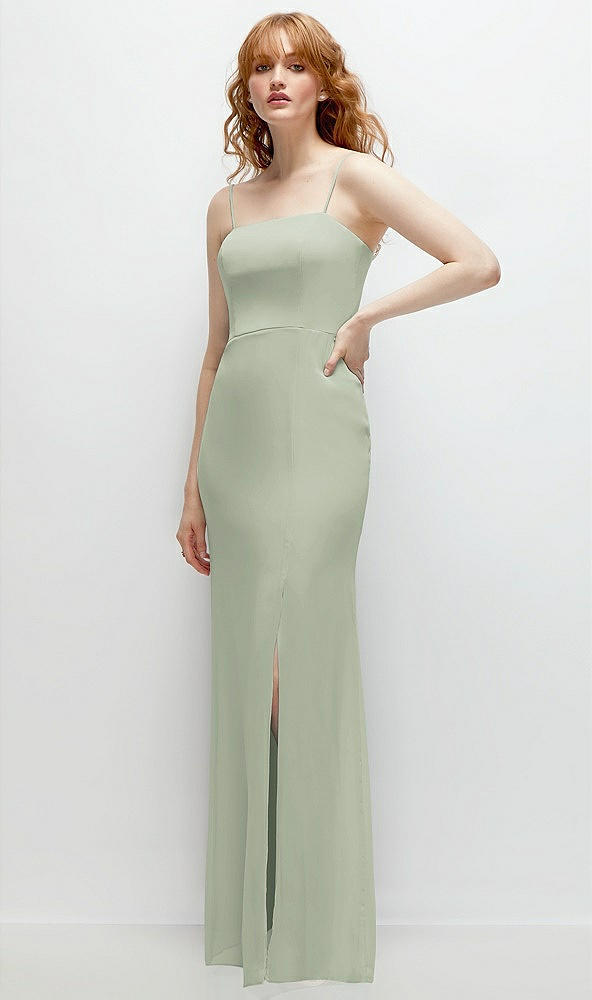 Back View - Celadon Tie-Back Cutout Trumpet Gown with Front Slit