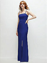 Rear View Thumbnail - Cobalt Blue Tie-Back Cutout Trumpet Gown with Front Slit