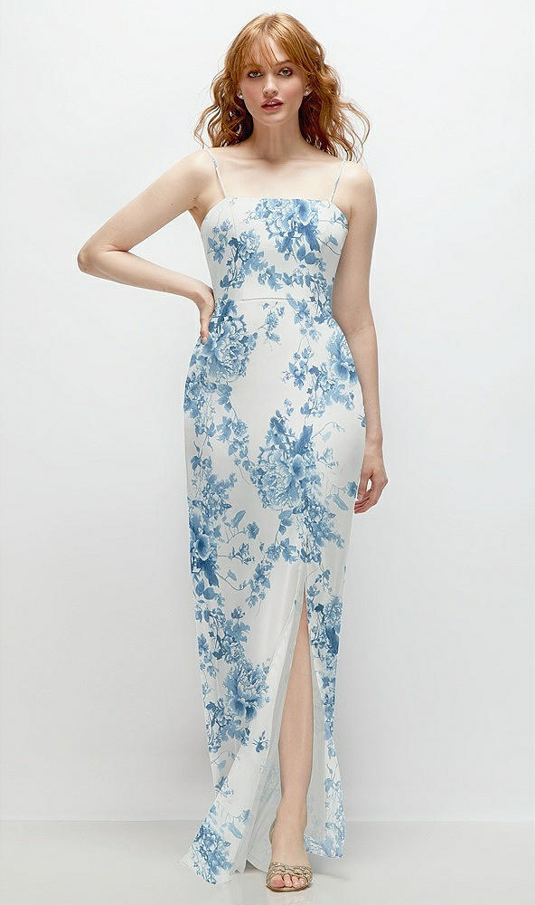 Front View - Cottage Rose Dusk Blue Tie-Back Cutout Trumpet Gown with Front Slit