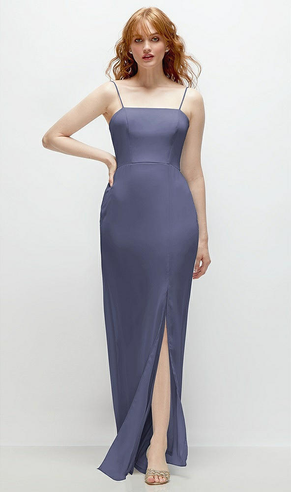 Front View - French Blue Tie-Back Cutout Trumpet Gown with Front Slit