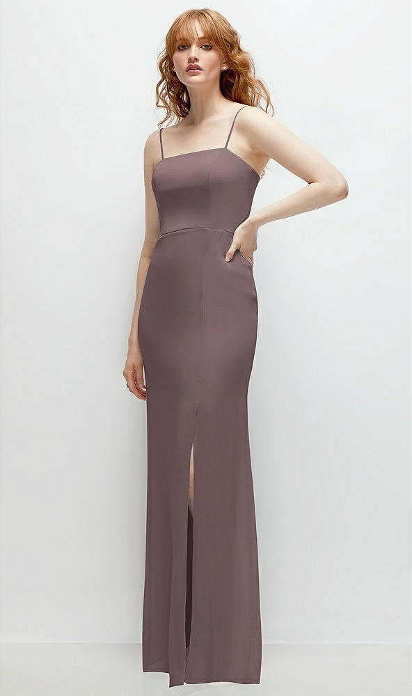 Back View - French Truffle Tie-Back Cutout Trumpet Gown with Front Slit