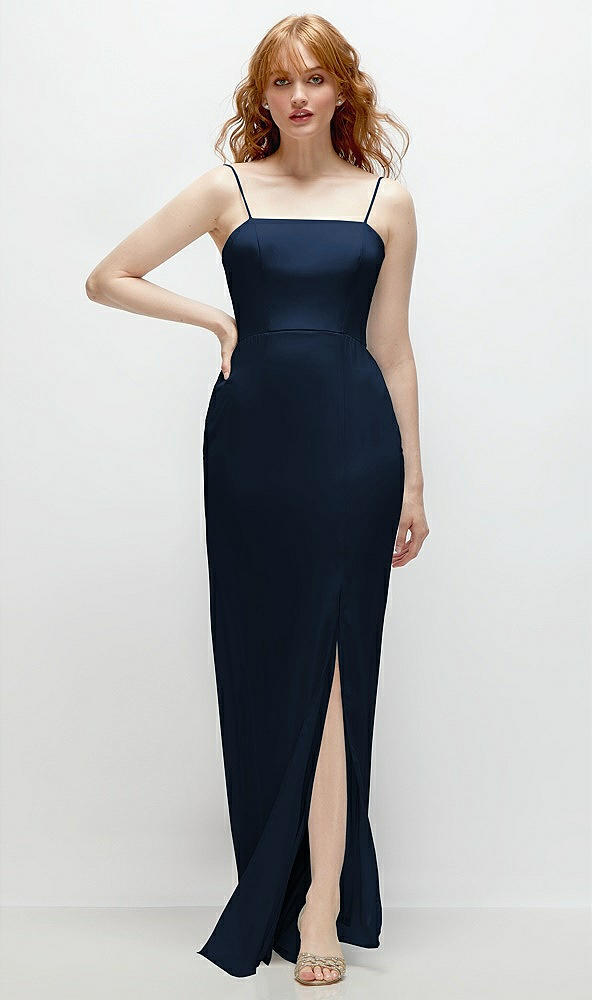 Front View - Midnight Navy Tie-Back Cutout Trumpet Gown with Front Slit