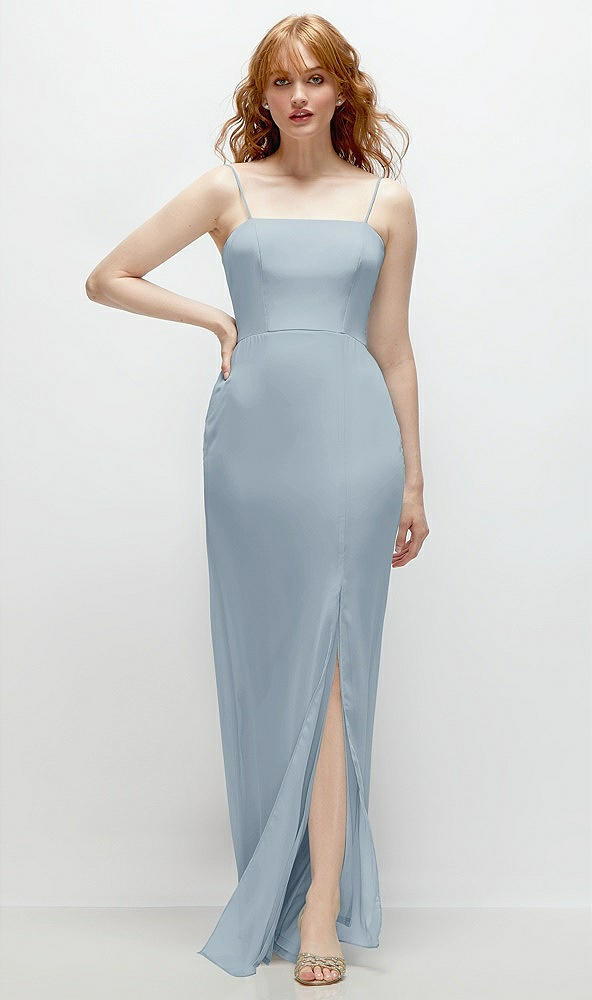 Front View - Mist Tie-Back Cutout Trumpet Gown with Front Slit