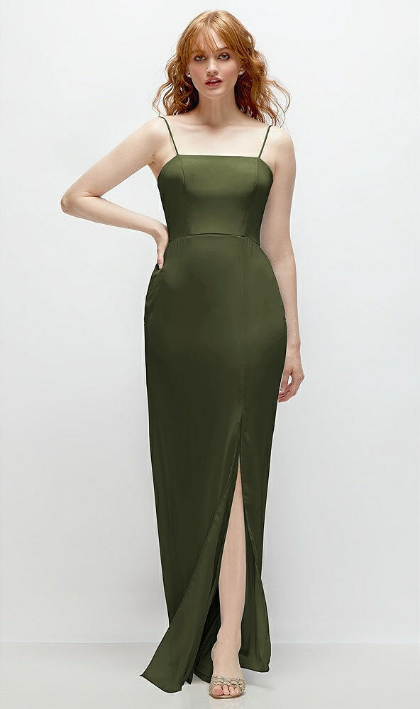 Front View - Olive Green Tie-Back Cutout Trumpet Gown with Front Slit