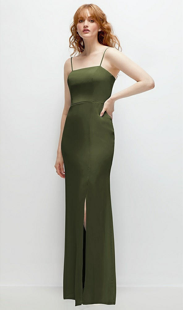 Back View - Olive Green Tie-Back Cutout Trumpet Gown with Front Slit